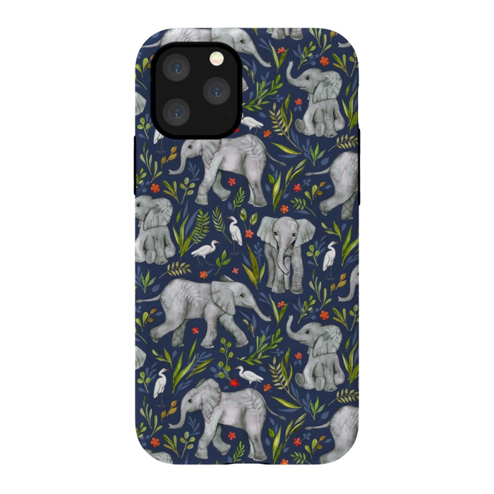 iPhone 11 Pro StrongFit Little Watercolor Elephants and Egrets on Navy Blue by Micklyn Le Feuvre