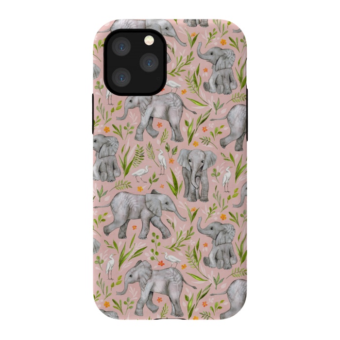 iPhone 11 Pro StrongFit Little Watercolor Elephants and Egrets on Blush Pink  by Micklyn Le Feuvre