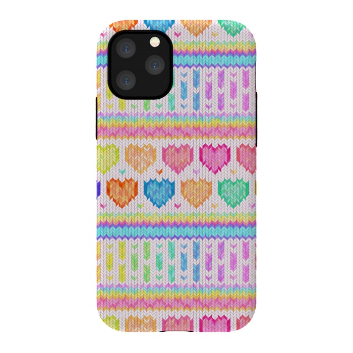 iPhone 11 Pro StrongFit Cozy Knit with Rainbow Hearts on Off White by Micklyn Le Feuvre