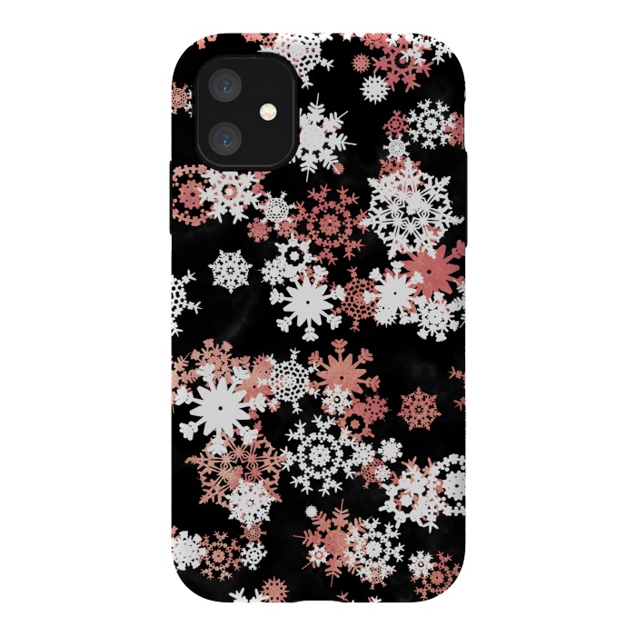 iPhone 11 StrongFit Rose gold and white snowflakes on black background by Oana 