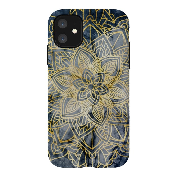 iPhone 11 StrongFit Golden flower mandala on dark blue marble by Oana 