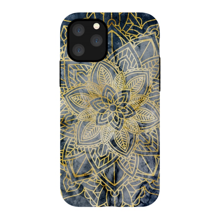 iPhone 11 Pro StrongFit Golden flower mandala on dark blue marble by Oana 