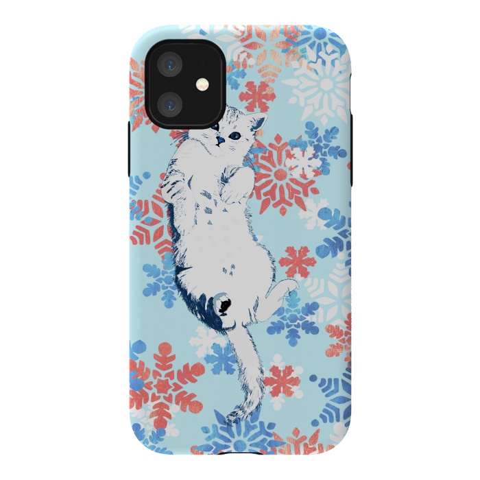 iPhone 11 StrongFit White cat and blue white gold snowflakes by Oana 