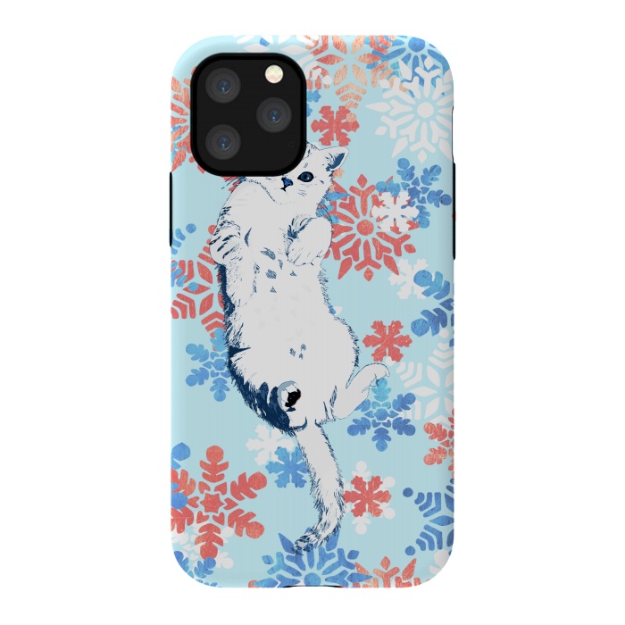 iPhone 11 Pro StrongFit White cat and blue white gold snowflakes by Oana 