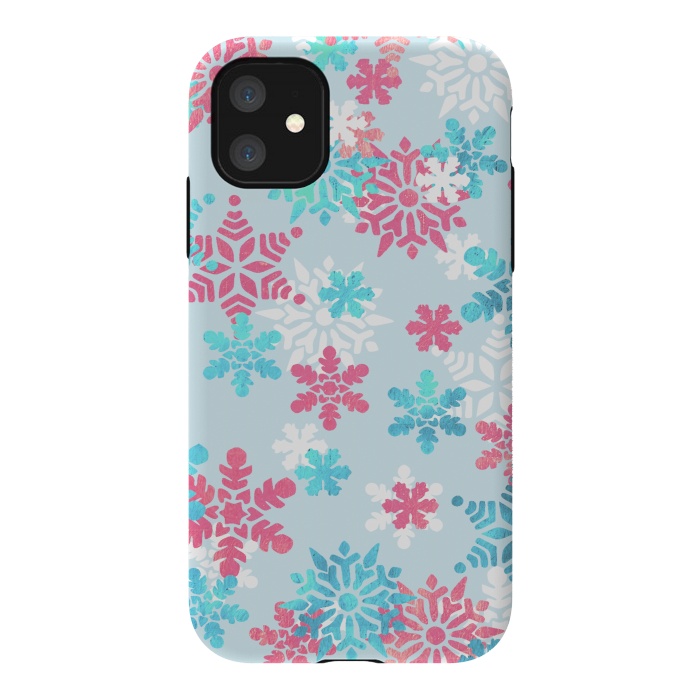 iPhone 11 StrongFit Pink blue metallic snowflakes by Oana 