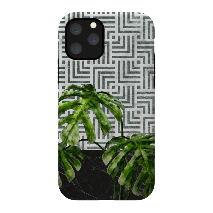 iPhone 11 Pro StrongFit  Monstera Leaves on Black Marble and Tiles by amini54