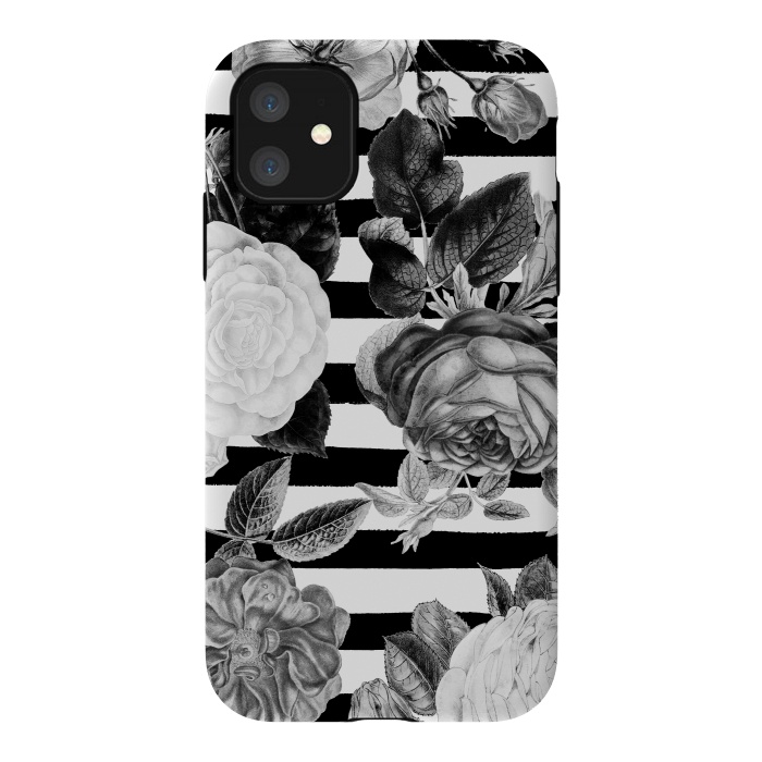 iPhone 11 StrongFit Black and white roses botanical illustration on black stripes by Oana 