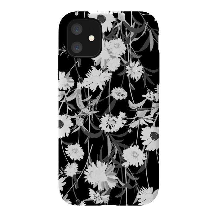 iPhone 11 StrongFit White daisies botanical illustration on black background by Oana 