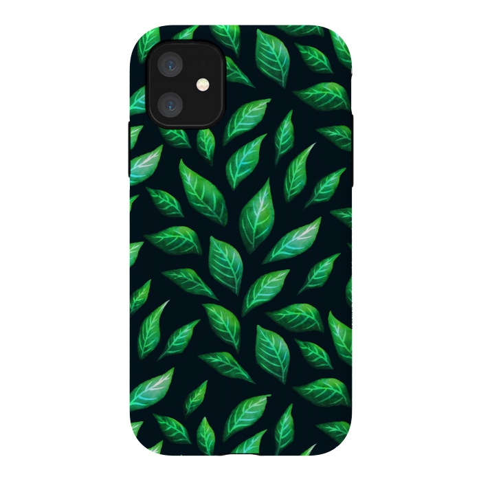 iPhone 11 StrongFit Dark Abstract Green Leaves Pattern by Boriana Giormova