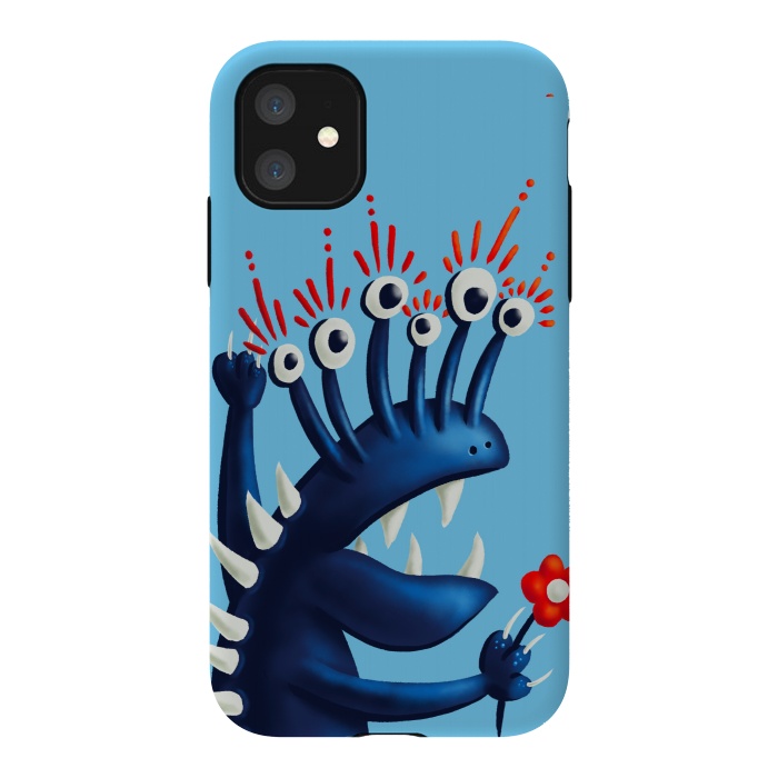 iPhone 11 StrongFit Funny Monster In Blue With Flower by Boriana Giormova