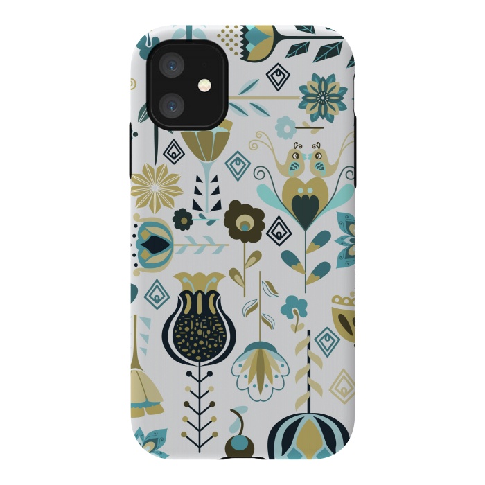 iPhone 11 StrongFit Scandinavian Flowers in Blue and Green by Paula Ohreen
