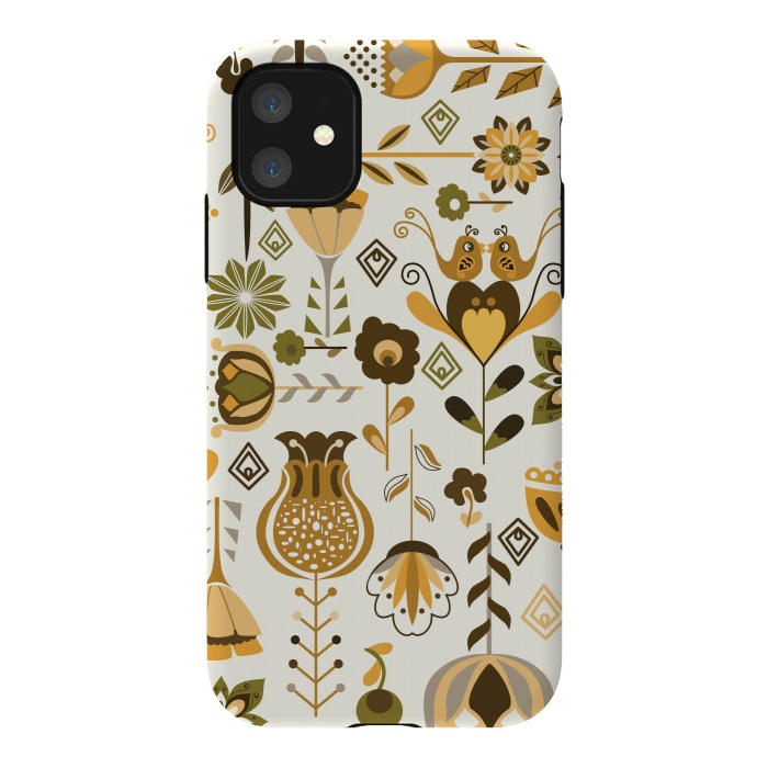 iPhone 11 StrongFit Scandinavian Flowers in Mustard and Green by Paula Ohreen