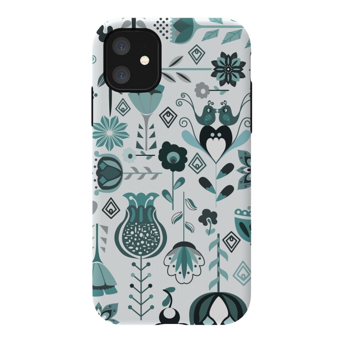 iPhone 11 StrongFit Scandinavian Flowers in Blue and Grey by Paula Ohreen