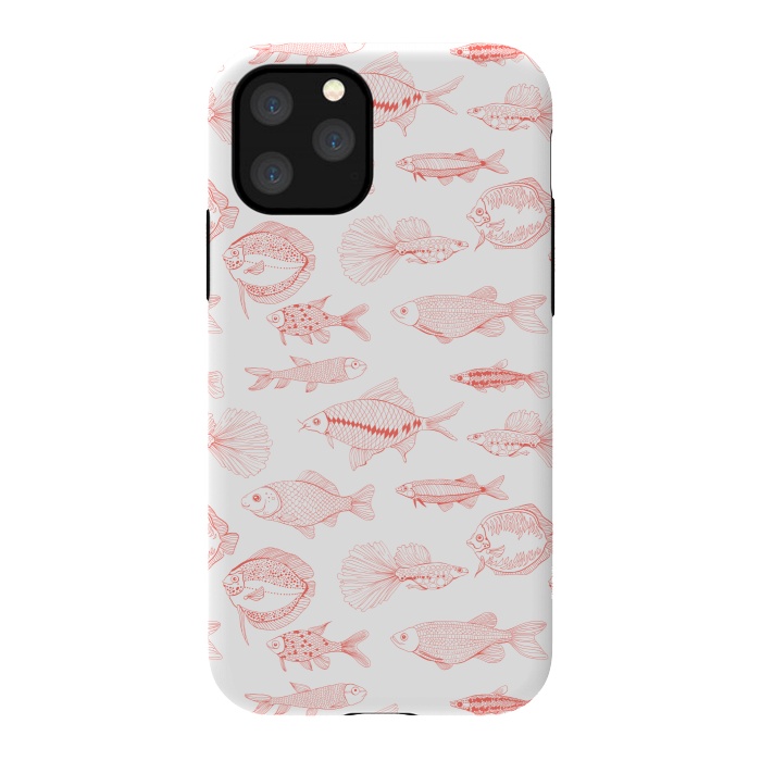 iPhone 11 Pro StrongFit Fishes in living coral color, hand drawn pattern by Katerina Kirilova