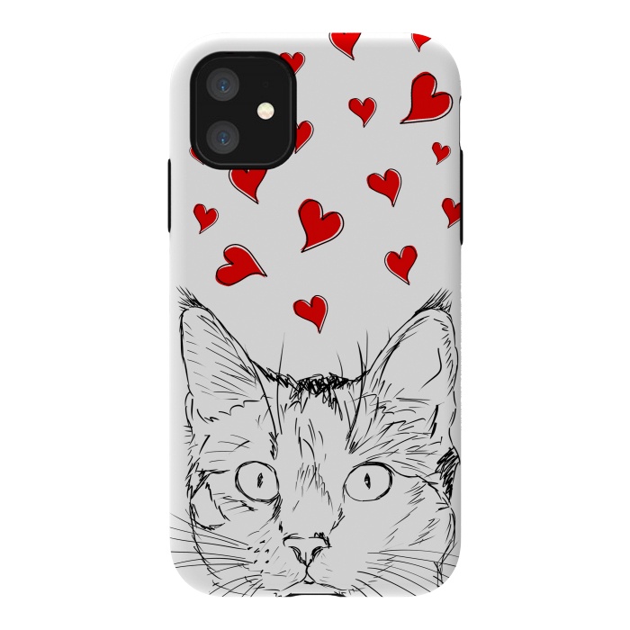 iPhone 11 StrongFit Cute line art cat and red hearts by Oana 