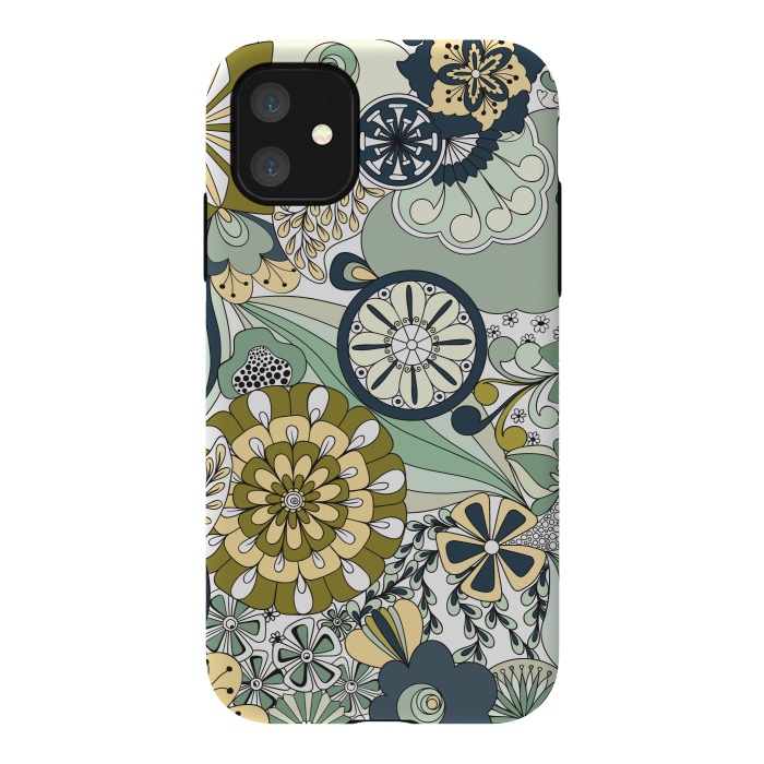 iPhone 11 StrongFit Flowers, Flowers Everywhere - Navy and Green by Paula Ohreen