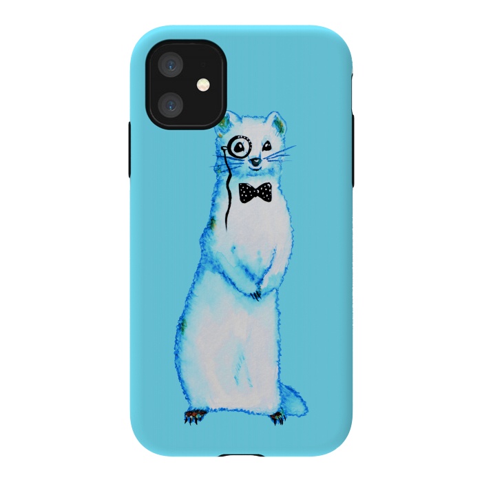 iPhone 11 StrongFit Cute Ferret Hipster Blue Watercolor Art by Boriana Giormova