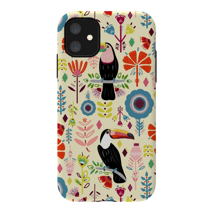 iPhone 11 StrongFit Colorful Toucans On Cream  by Tigatiga