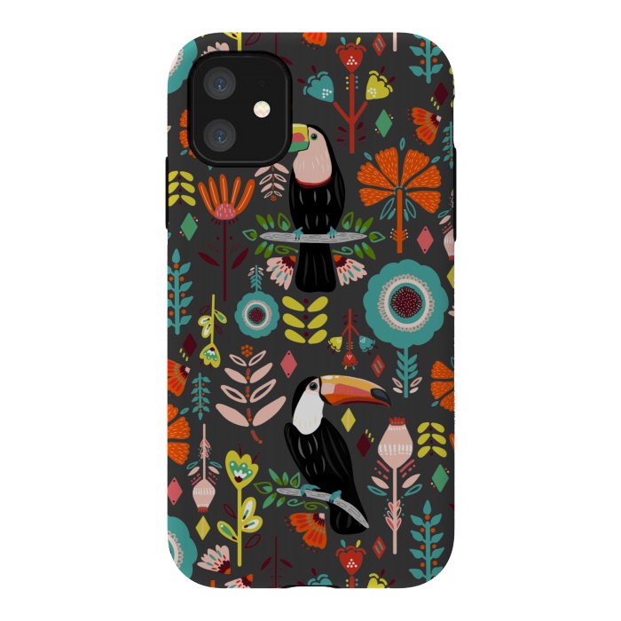iPhone 11 StrongFit Colorful Toucans On Grey  by Tigatiga