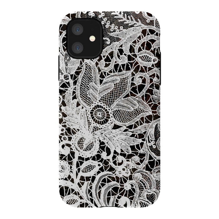 iPhone 11 StrongFit White floral vintage lace on black by Oana 