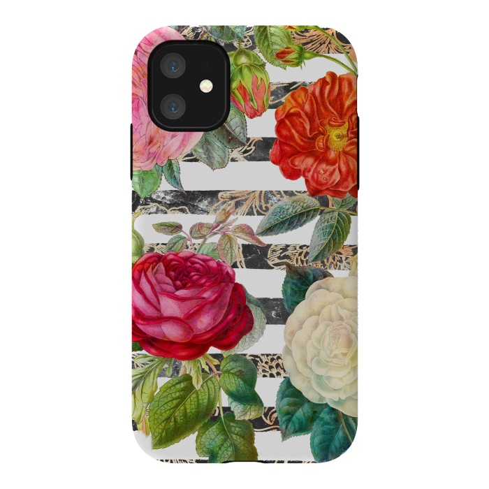 iPhone 11 StrongFit Vibrant romantic botanical flowers and white stripes by Oana 