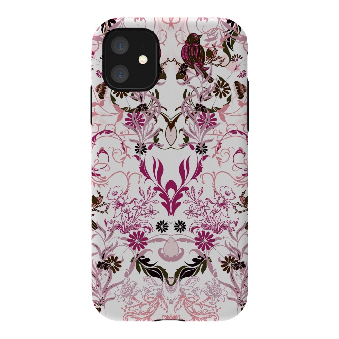 iPhone 11 StrongFit Blush pink and fuchsia flowers, foliage and birds by Oana 