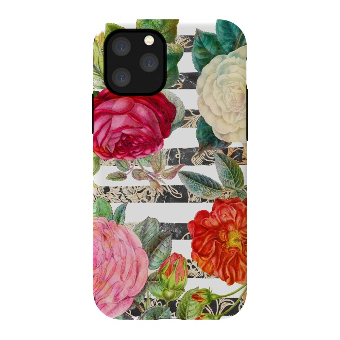 iPhone 11 Pro StrongFit Colorful roses botanical illustration on white stripes by Oana 