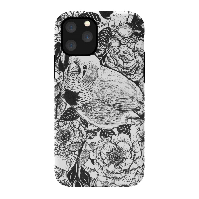 iPhone 11 Pro StrongFit Zebra finch and rose bush ink drawing by Katerina Kirilova