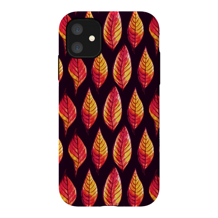 iPhone 11 StrongFit Vibrant autumn leaves pattern in red and yellow by Boriana Giormova