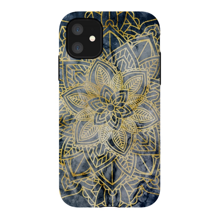 iPhone 11 StrongFit Golden mandala petals on navy marble by Oana 