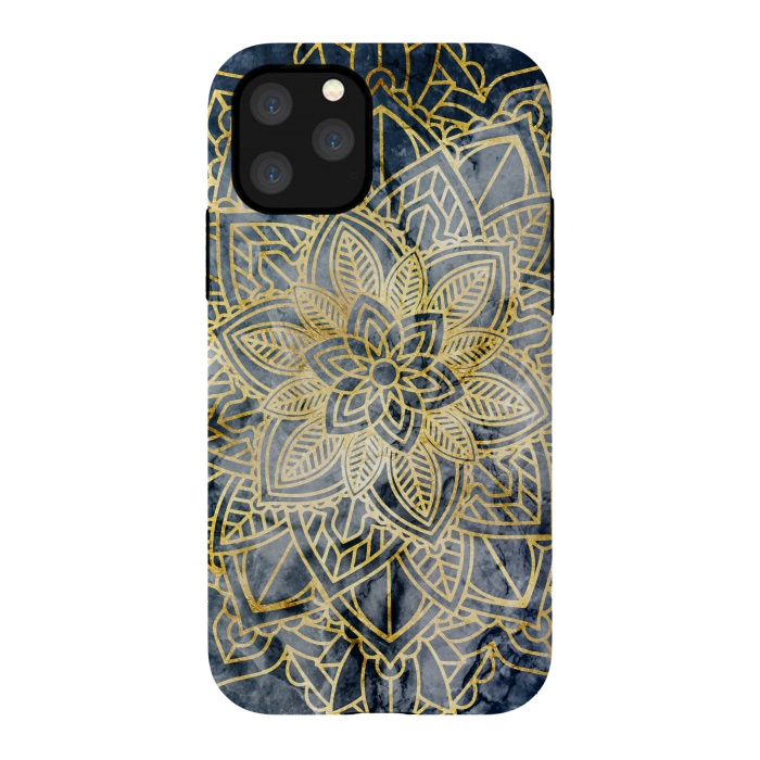 iPhone 11 Pro StrongFit Golden mandala petals on navy marble by Oana 