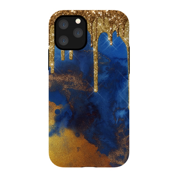 iPhone 11 Pro StrongFit Raining Gold Glitter and Foil on Indigo Marble Ink by  Utart