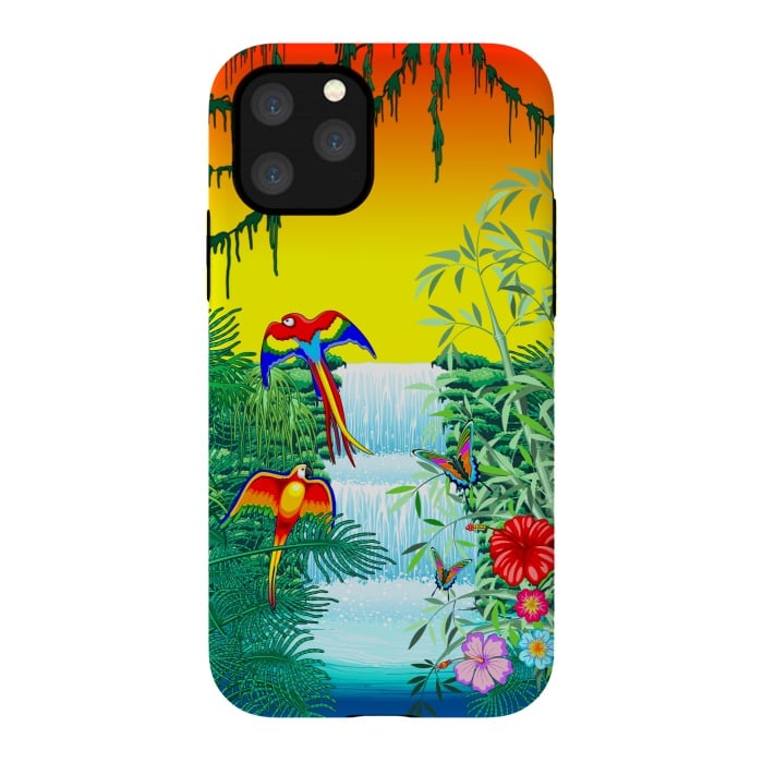 iPhone 11 Pro StrongFit Waterfall Macaws and Butterflies on Exotic Landscape by BluedarkArt