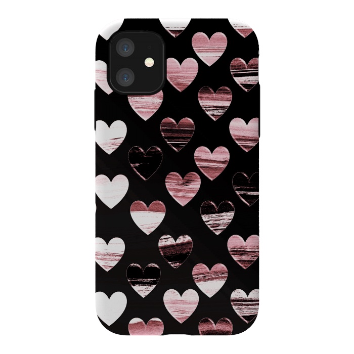 iPhone 11 StrongFit Pink white brushed chocolate hearts on black backgroung by Oana 