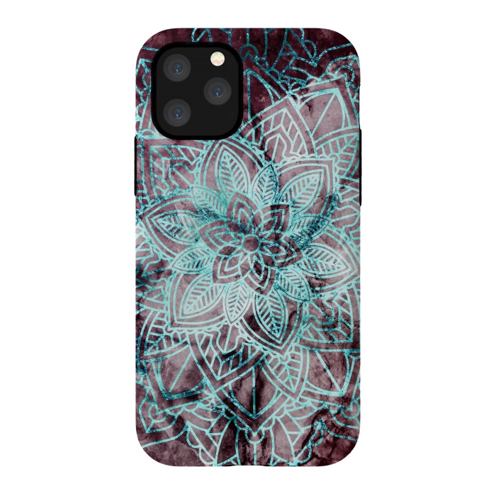 iPhone 11 Pro StrongFit Blue metallic floral mandala on dark cherry red marble by Oana 