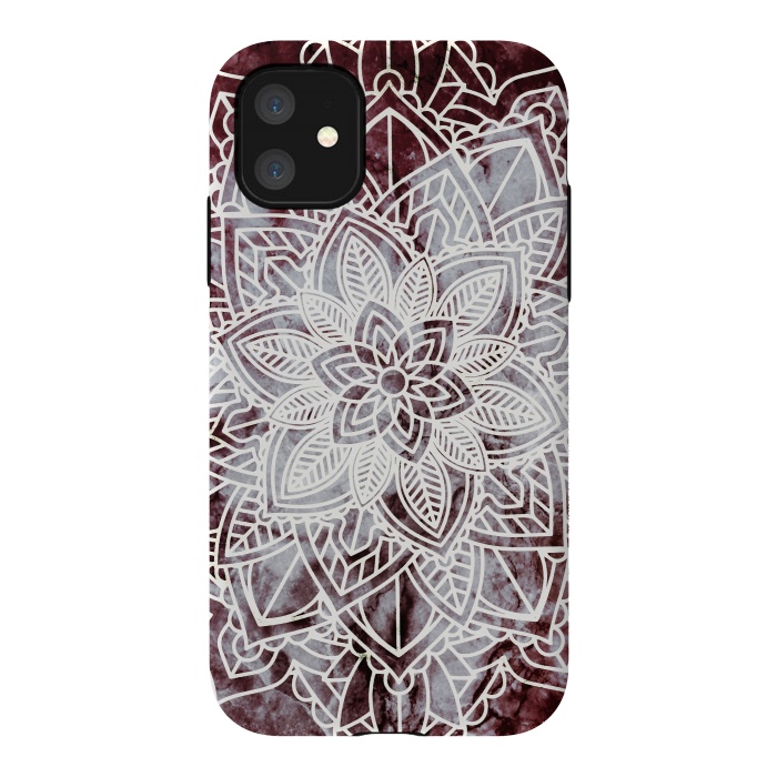 iPhone 11 StrongFit white line art floral mandala on burgundy marble by Oana 