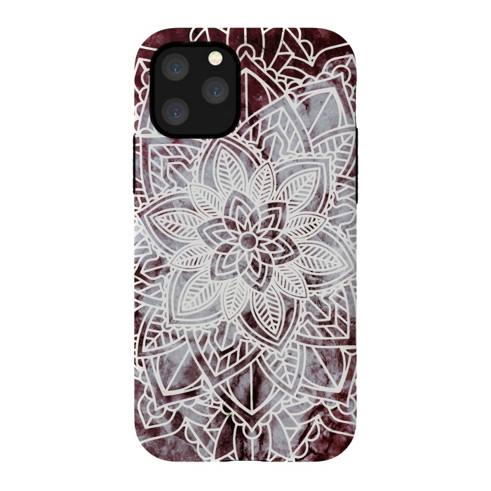 iPhone 11 Pro StrongFit white line art floral mandala on burgundy marble by Oana 
