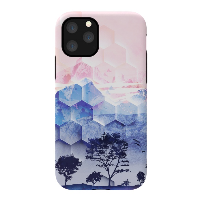 iPhone 11 Pro StrongFit Pink blue geometric mountain utopic landscape and trees by Oana 