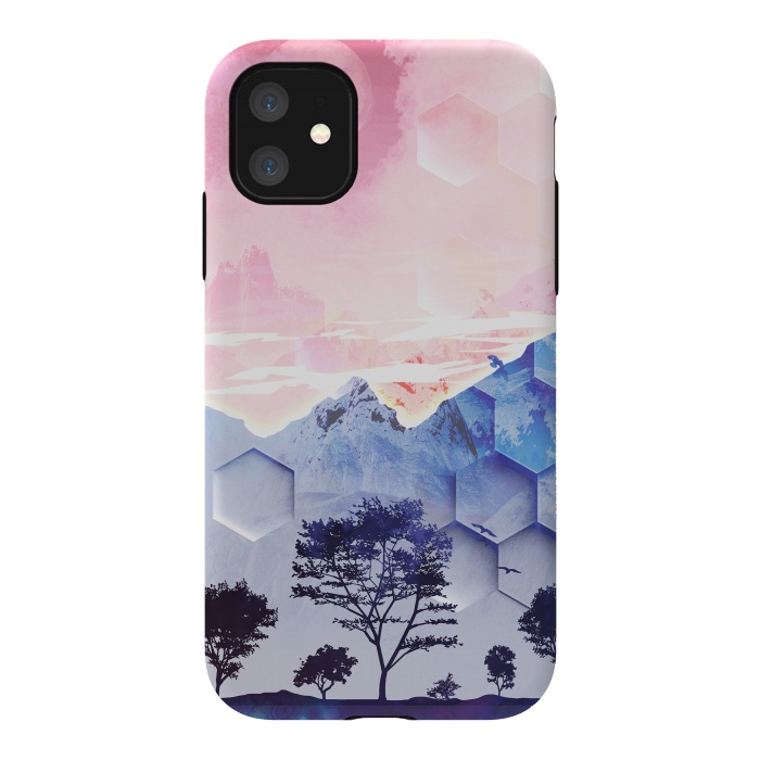 iPhone 11 StrongFit Utopic mountain landscape - pink blue by Oana 