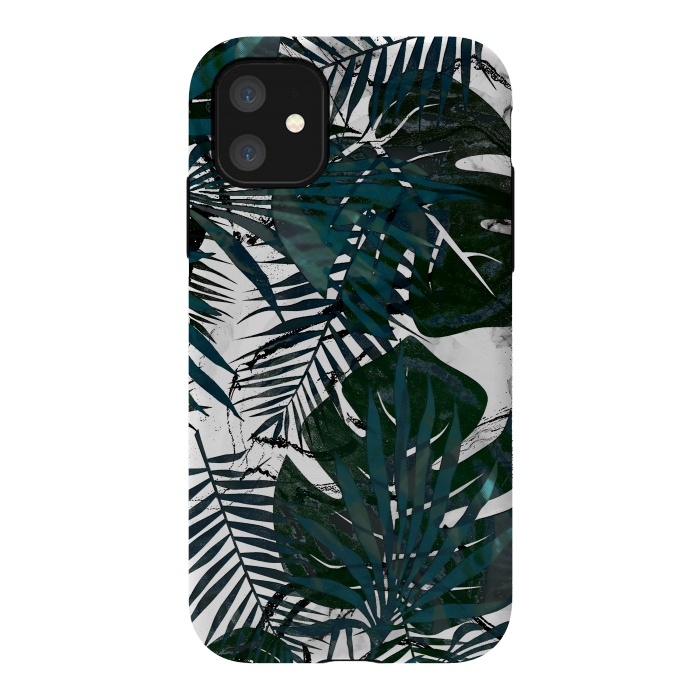 iPhone 11 StrongFit Dark green jungle leaves on white marble by Oana 