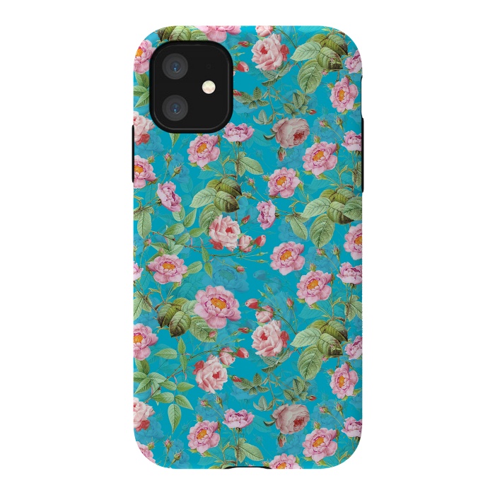 iPhone 11 StrongFit Blush Rose Garden on Teal - vintage flower drawing by  Utart