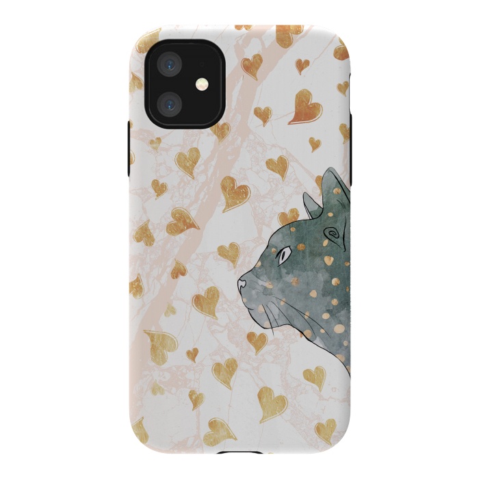 iPhone 11 StrongFit cute cat and golden hearts romantic pattern by Oana 