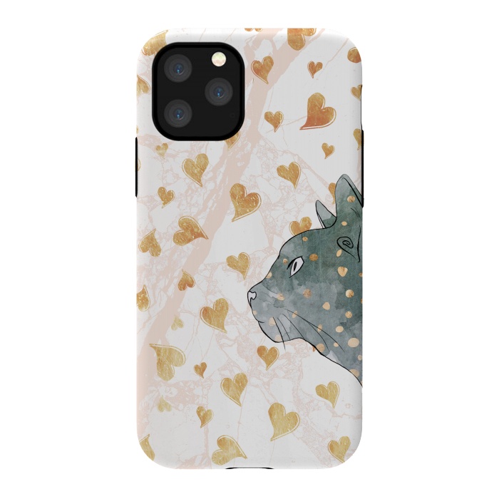 iPhone 11 Pro StrongFit cute cat and golden hearts romantic pattern by Oana 
