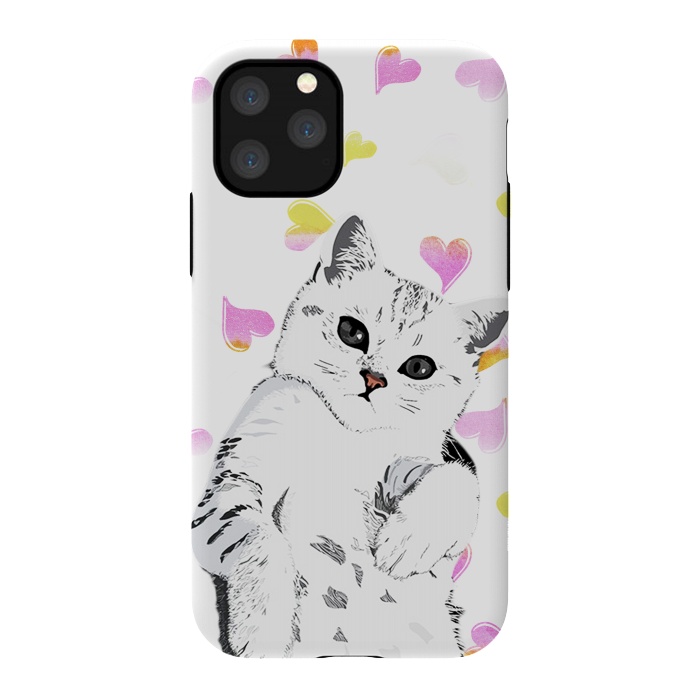 iPhone 11 Pro StrongFit Cute white kitten and watercolor hearts by Oana 