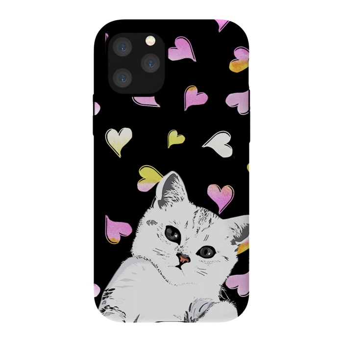 iPhone 11 Pro StrongFit Playful white kitten and watercolor hearts by Oana 