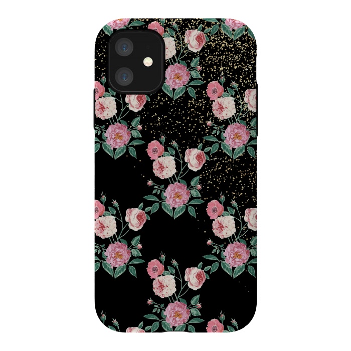 iPhone 11 StrongFit Romantic peony floral and golden confetti design by InovArts