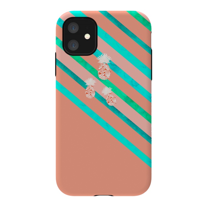 iPhone 11 StrongFit Peach and Blue Pineapple Stripes by Amaya Brydon