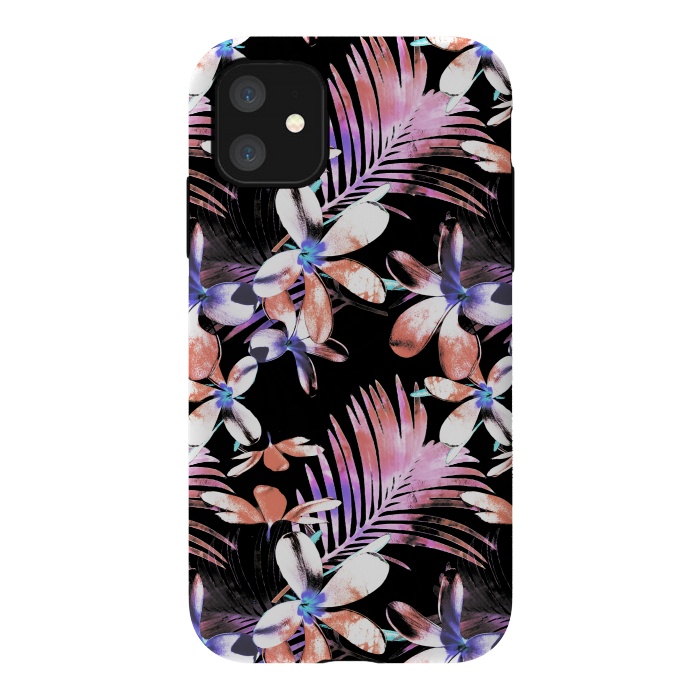 iPhone 11 StrongFit Pink purple hibiscus flowers and tropical leaves pattern by Oana 