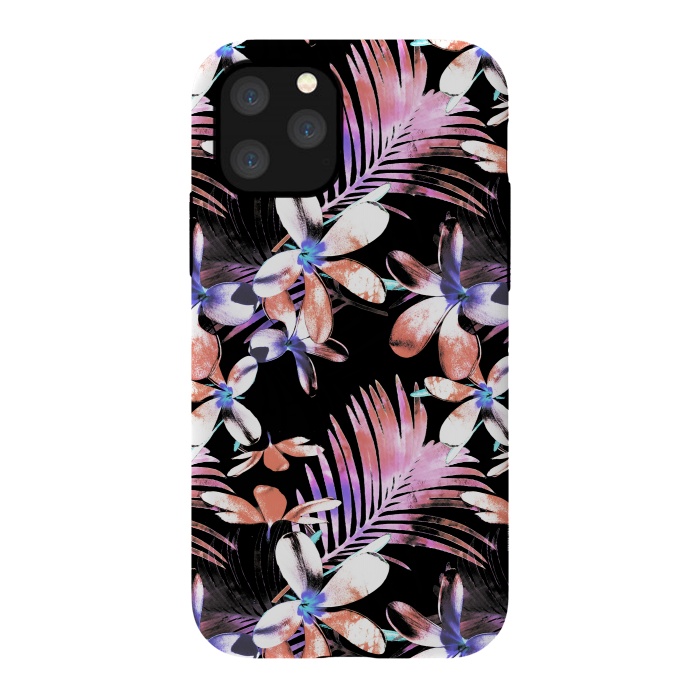iPhone 11 Pro StrongFit Pink purple hibiscus flowers and tropical leaves pattern by Oana 