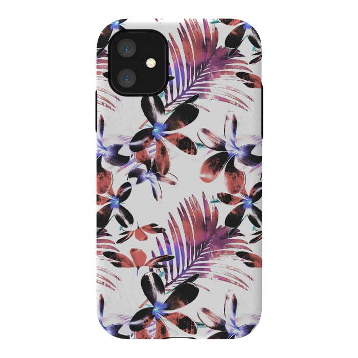 iPhone 11 StrongFit Pink purple tropical hibiscus and palm leaves by Oana 